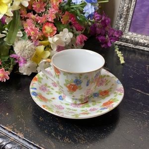 . Merit Floral Tea Cup & Saucer Set - Pink Orange Green and Blue Flower Pattern